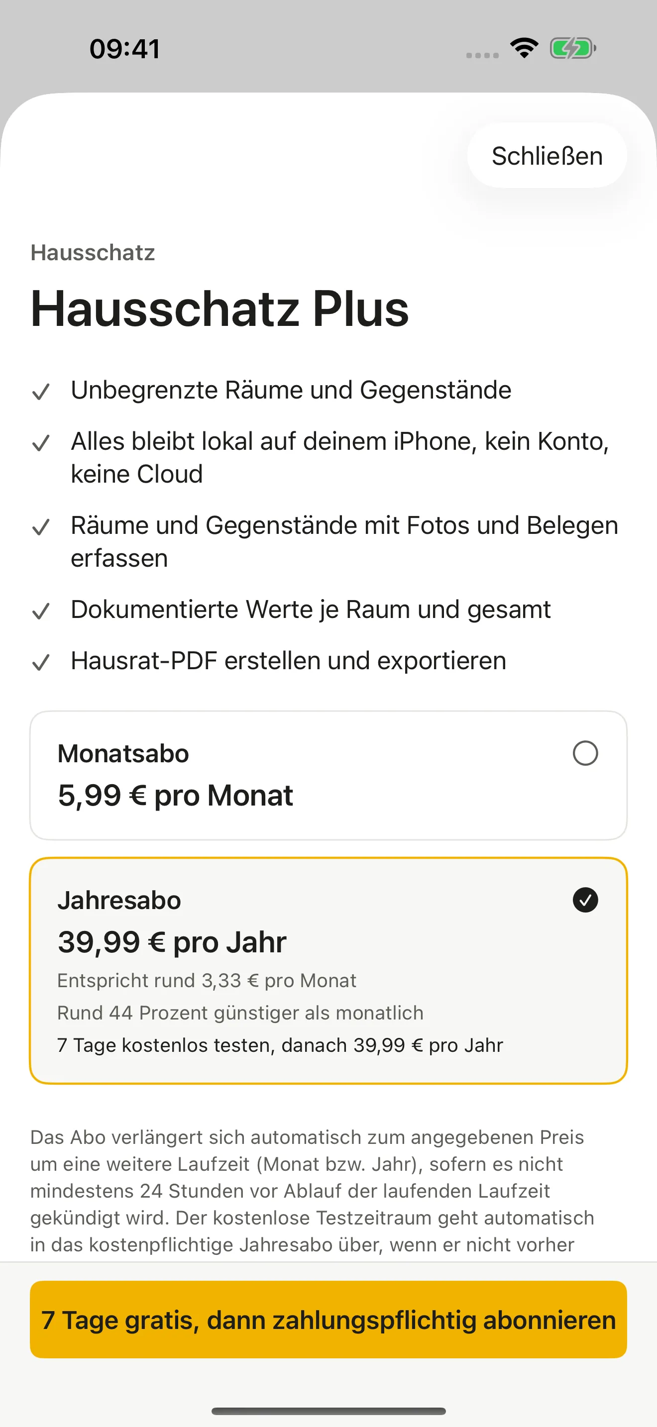 Hausschatz auf dem iPhone: Hausschatz Plus mit Monats- und Jahresabo