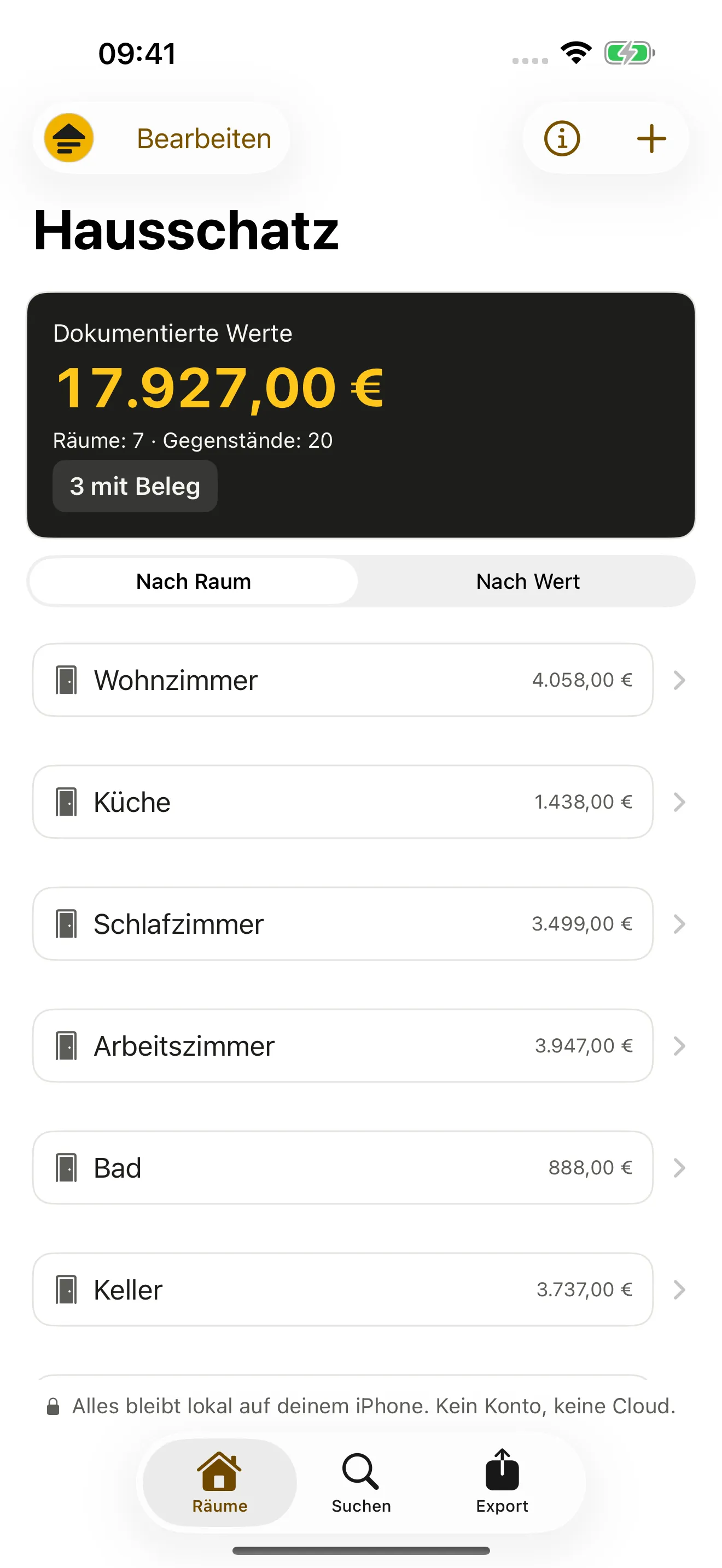 Hausschatz auf dem iPhone: Raumliste mit dokumentierten Werten